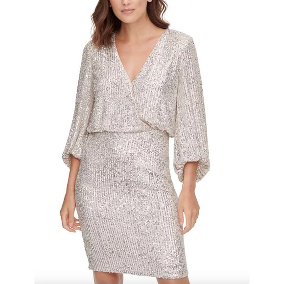 ELIZA J Silver Stretch Sequined Zip Blouson Sleeve Cocktail Blouson Dress Sz. 10 - Picture 2 of 11